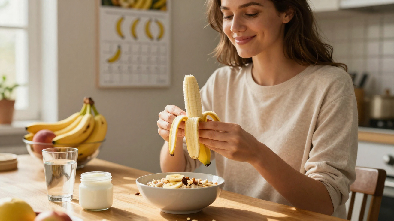 Frau schält Banane für eine Schüssel Müsli in einer hellen Küche am Esstisch.