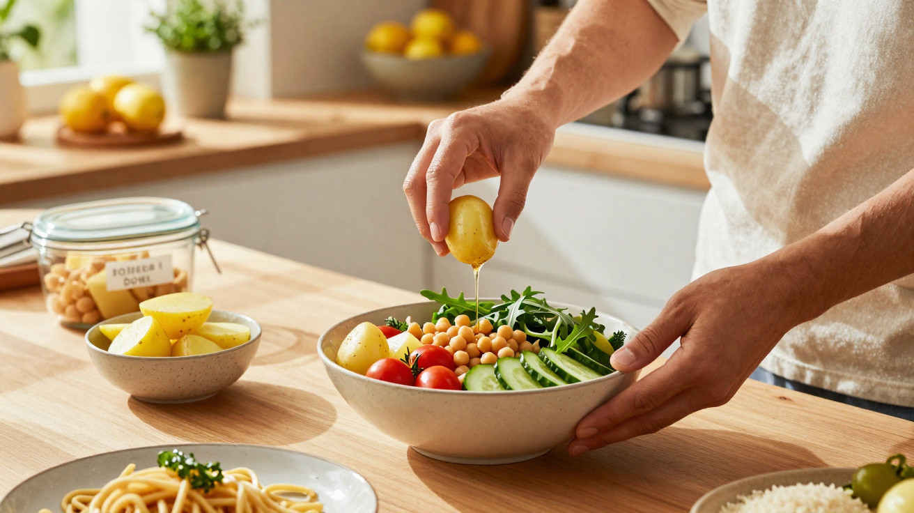 Person beträufelt Kartoffel in Salatschüssel mit Kichererbsen, Tomaten, Gurken und Rucola in heller Küche