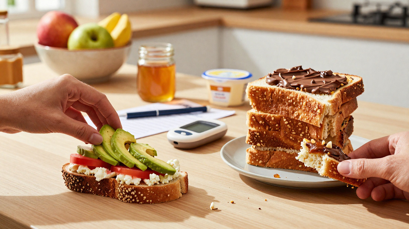 Zwei Menschen bereiten belegt Brot vor, eines herzhaft mit Avocado, das andere süß mit Schokoladenaufstrich.