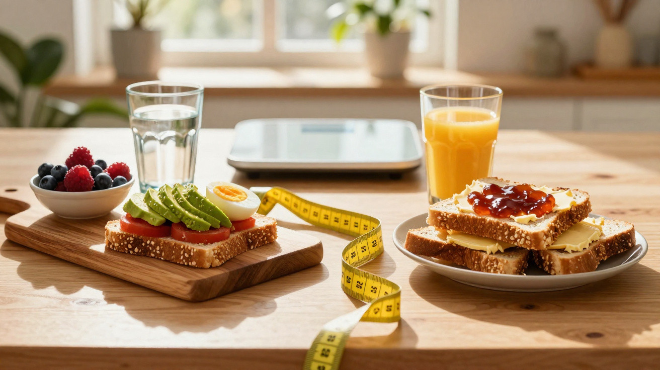 Gesundes Frühstück mit Avocadobrot, Beeren, Wasser, Orangensaft und Schnittbrot mit Butter und Marmelade auf Holzplatte.