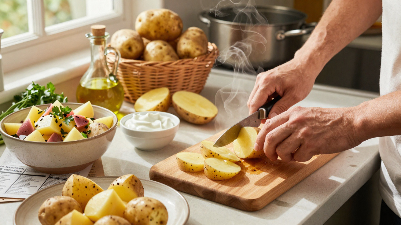 Person schneidet gekochte Kartoffeln auf einem Holzbrett in einer hellen Küche zu.