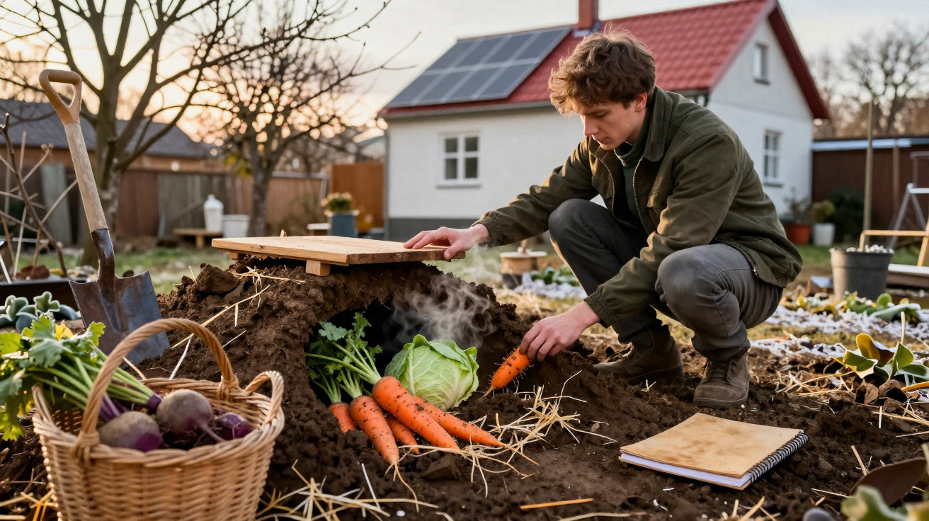 Junger Mann erntet dampfende Karotten und Kohl aus einem mit Erde bedeckten Gartenbeet vor einem Haus.