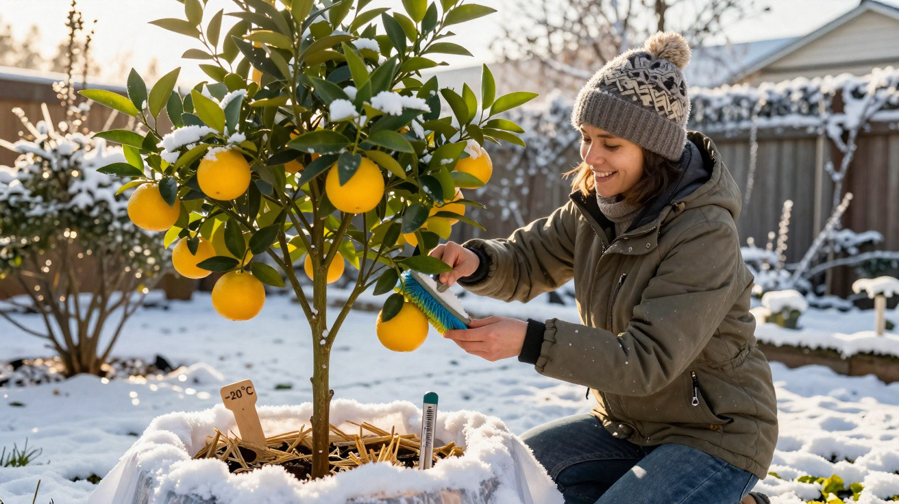 Frau bürstet Orangenbaum im schneebedeckten Garten, Winterkleidung und Mütze, sonniger Tag.