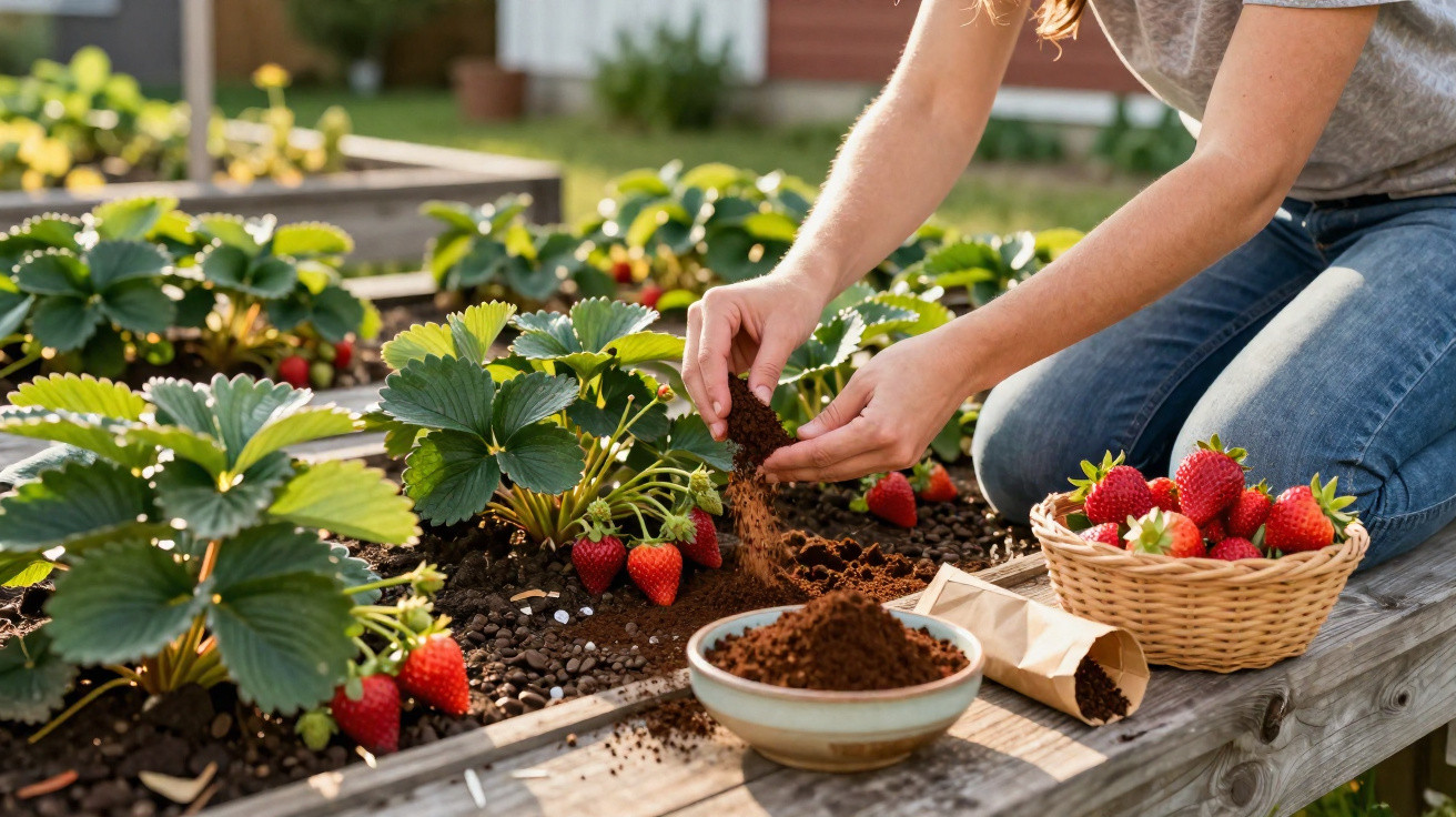 Person pflegt Erdbeerpflanzen in einem Hochbeet, neben einem Korb voller frischer Erdbeeren.