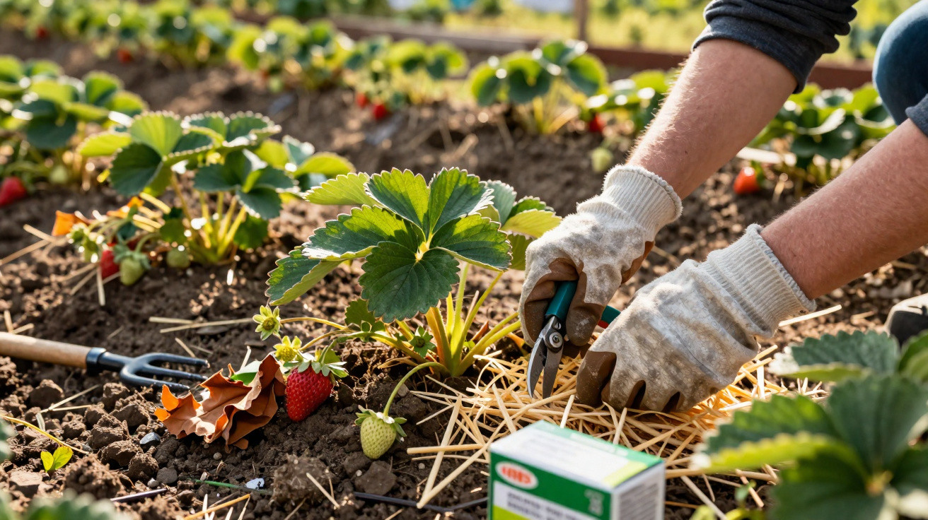 Person mit Handschuhen pflegt Erdbeerpflanzen in einem Gartenbeet mit Gartenschere und Strohmulch.