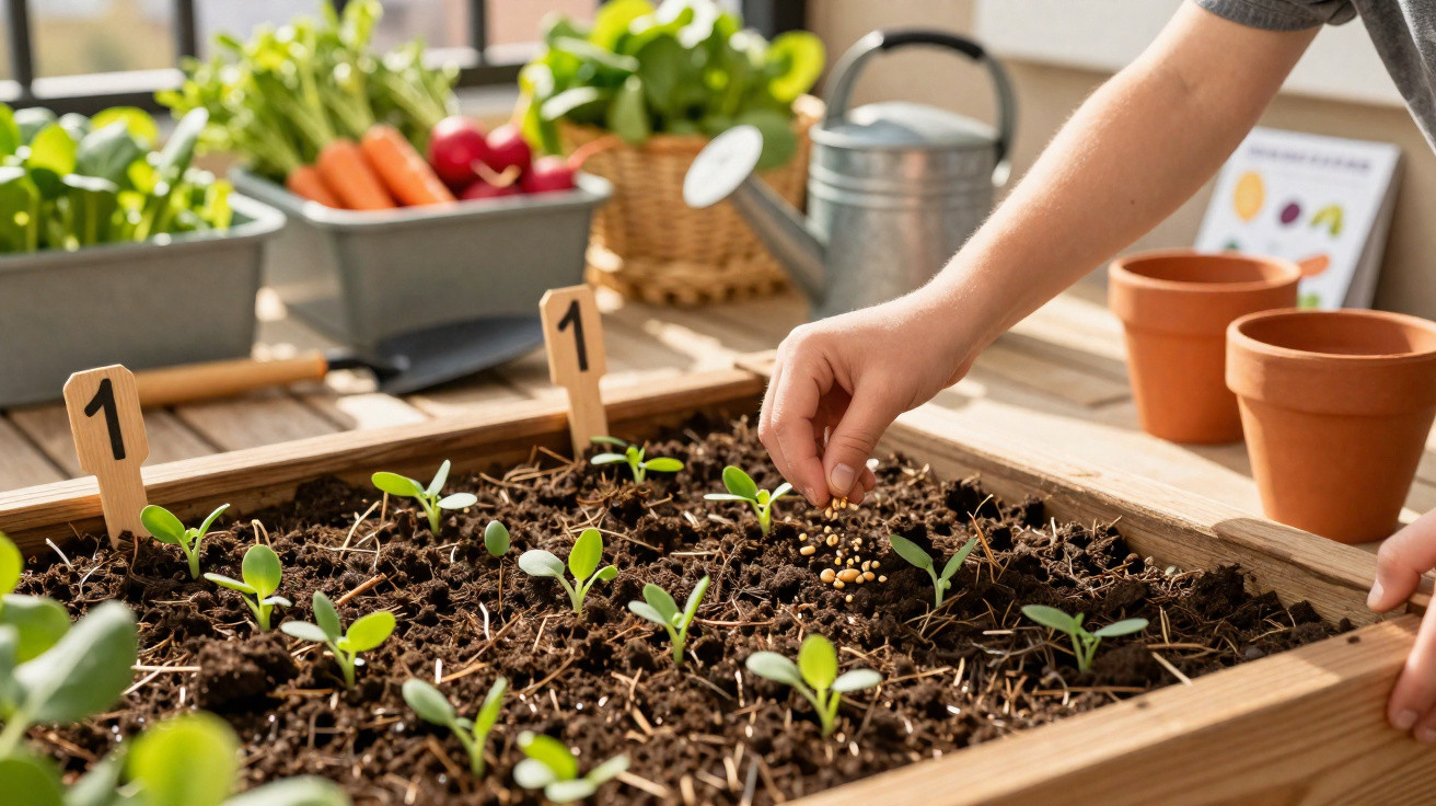 Hand pflanzt Samen in ein Hochbeet mit kleinen grünen Setzlingen und Gartengeräten im Hintergrund.