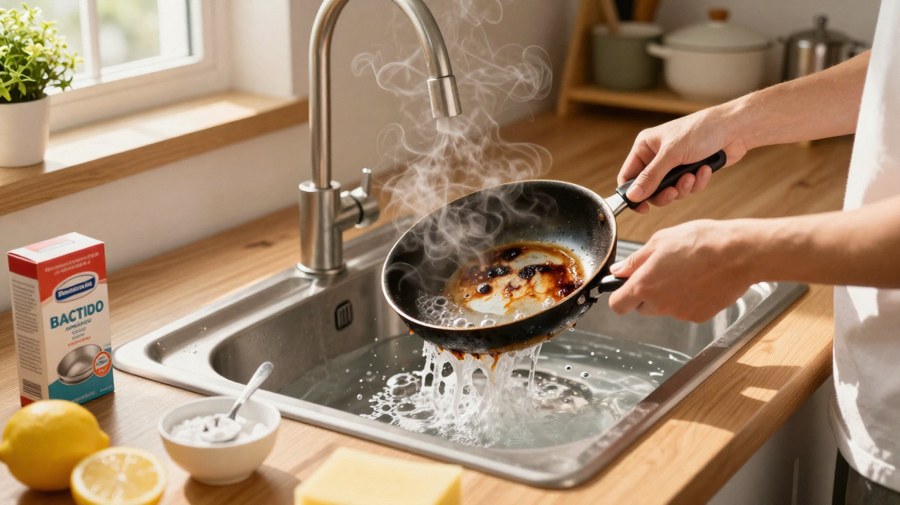 Person spült verkohlte Pfanne mit heißem Wasser über Küchenspüle, Dampf steigt auf.