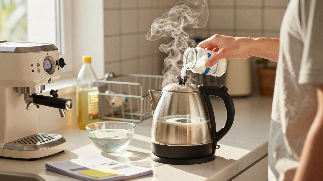 Hand schüttet Salz in einen dampfenden Wasserkocher auf einer Küchenarbeitsplatte neben Kaffeemaschine.