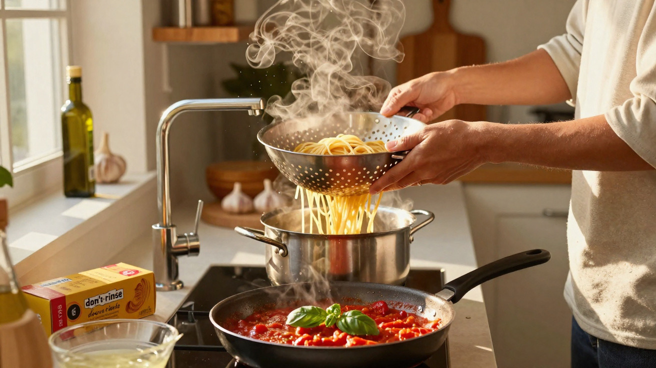 Person gießt Spaghetti mit Dampf aus einem Sieb in einen Topf in einer hellen Küche mit Tomatensoße.