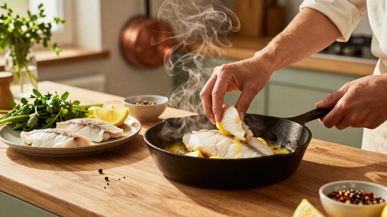 Person legt Fischfilets mit Zitronenscheiben in eine heiße Pfanne zum Braten in einer hellen Küche.