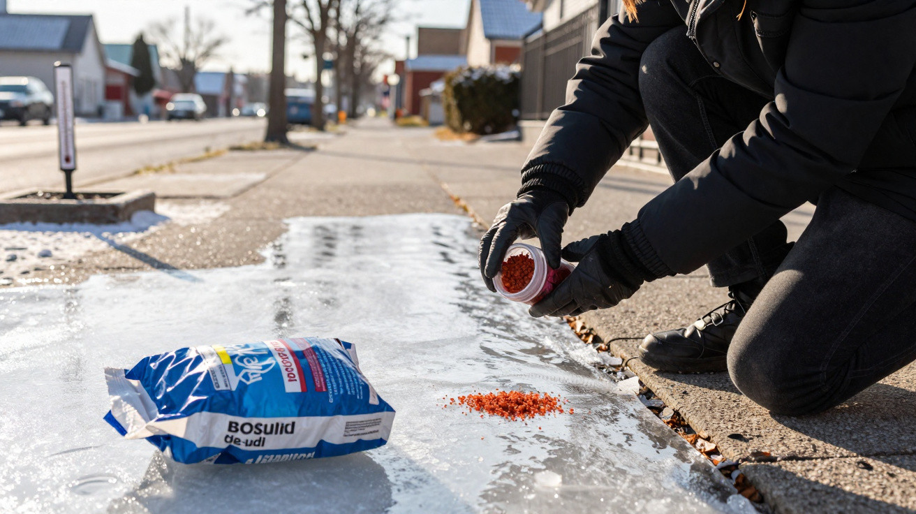 Person streut im Winter abstumpfendes Granulat auf vereisten Gehweg neben Streusalzpackung aus.