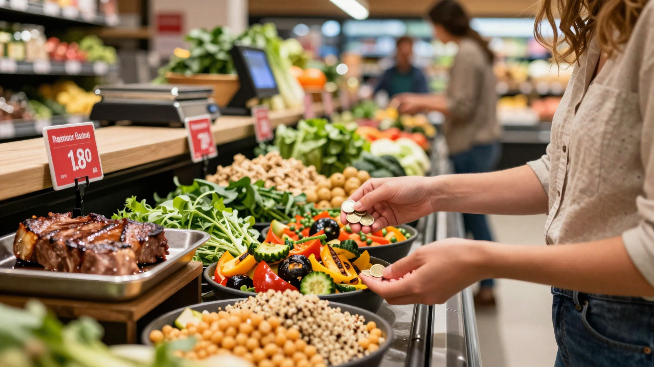Person zahlt mit Münzen an der Salat- und Grilltheke im Supermarkt vor frischem Gemüse und Fleisch.