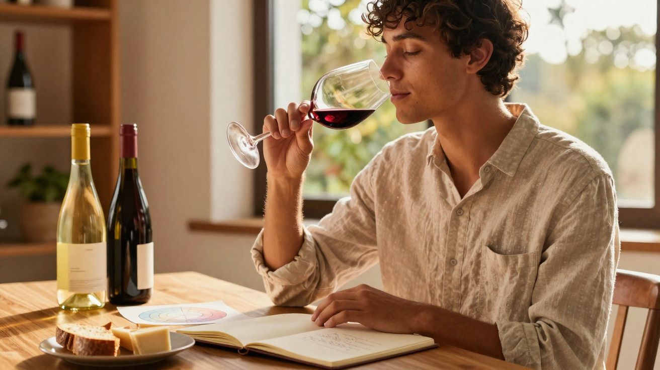 Junger Mann riecht an einem Glas Rotwein, auf dem Tisch Brot, Käse und zwei Weinflaschen.