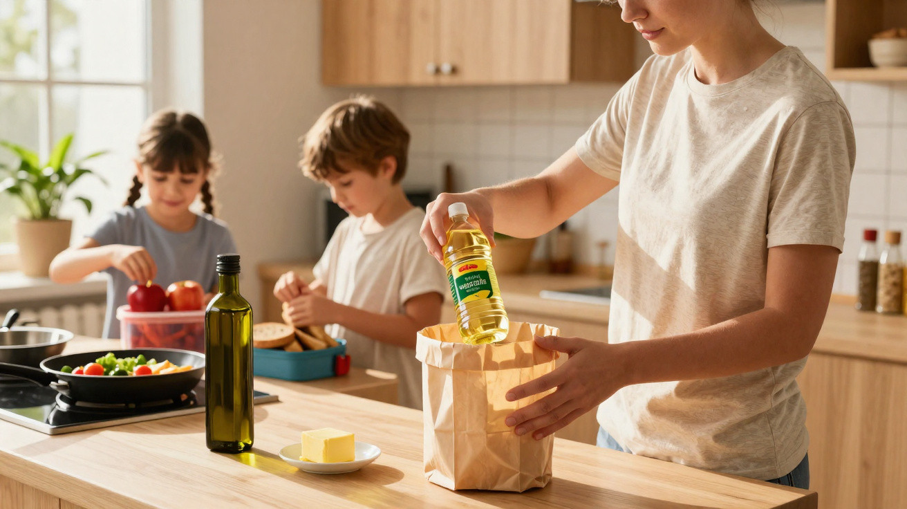 Frau packt Ölflasche in Papierbeutel, während zwei Kinder im Hintergrund in der Küche Essen vorbereiten.