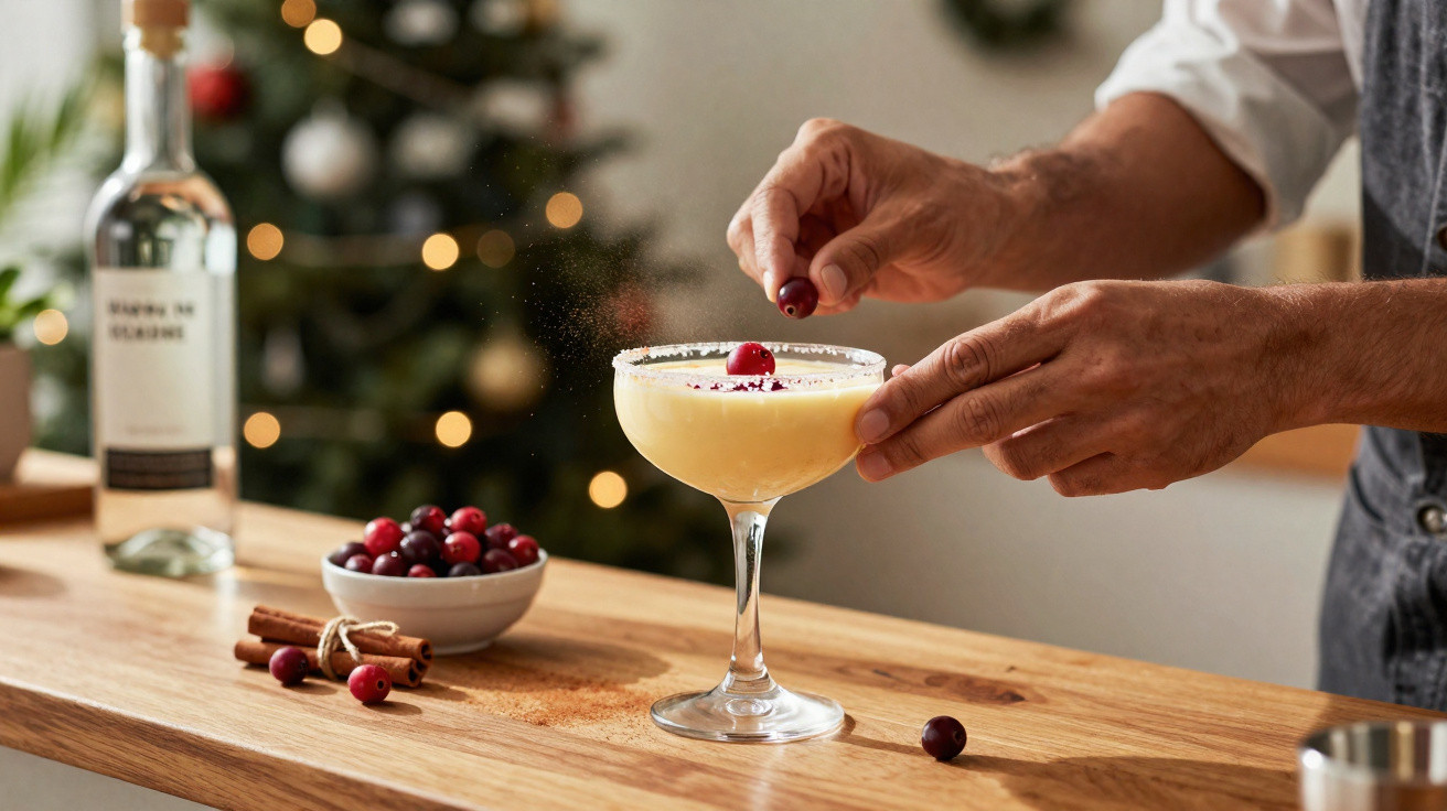 Person garniert einen Cocktail mit einer Cranberry vor einem Weihnachtsbaum und Gewürzen auf der Theke.
