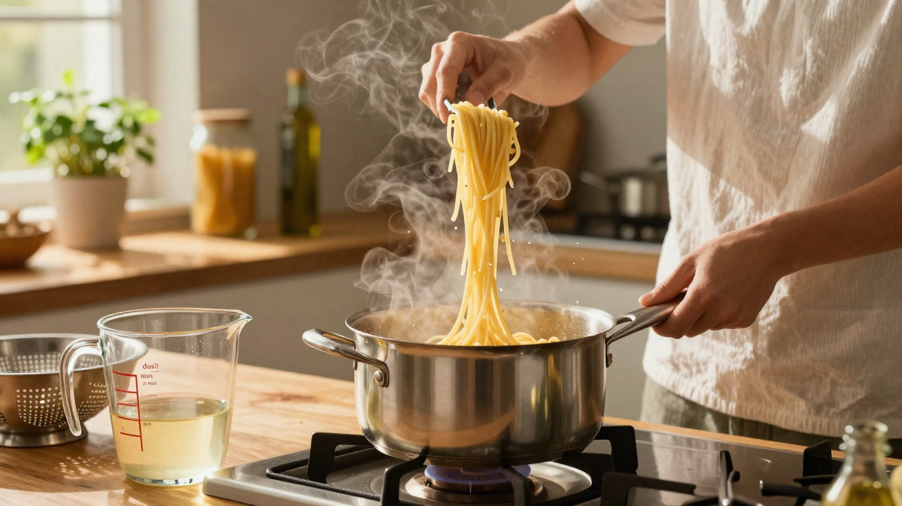 Dampfende Spaghetti werden mit einer Hand aus einem Kochtopf auf dem Herd gehoben.