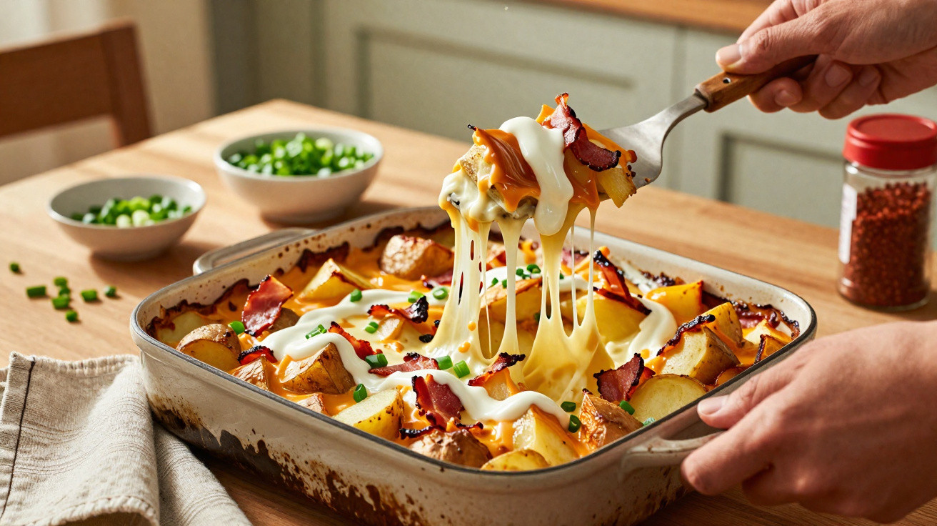 Ofenform mit überbackenen Kartoffeln, geschmolzenem Käse, Speck und Frühlingszwiebeln auf Holztisch