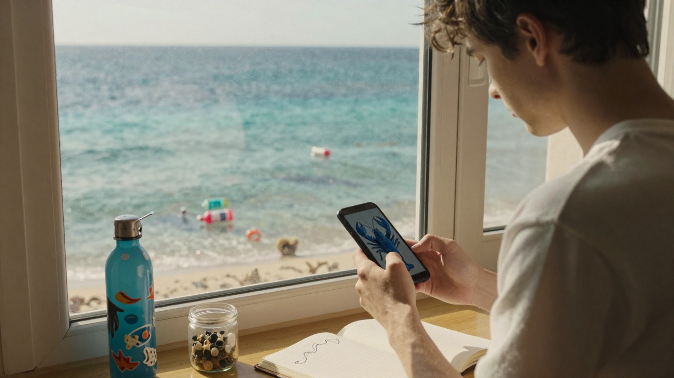 Junger Mann sitzt am Fenster mit Blick aufs Meer und schaut auf sein Smartphone, neben ihm Wasserflasche und Notizbuch.