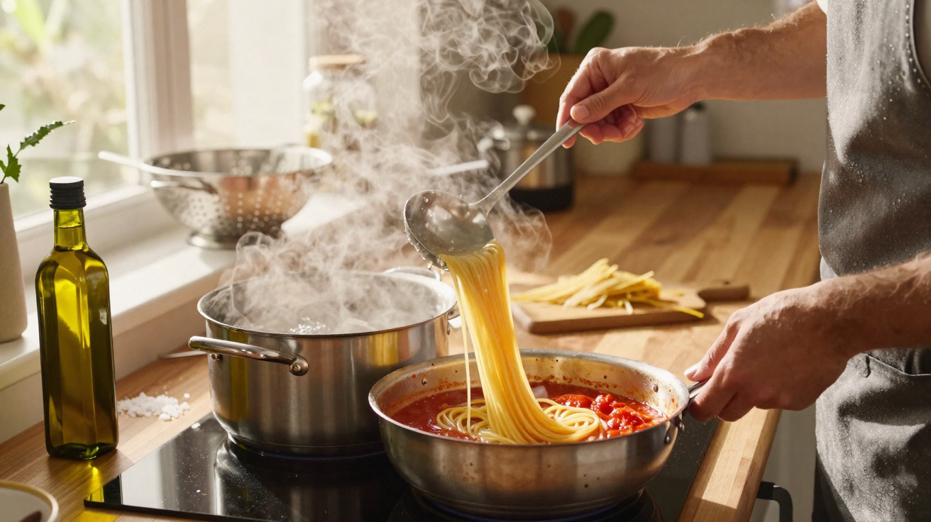 Mann kocht Spaghetti, zieht mit Kelle dampfende Nudeln aus Tomatensauce in Küche mit Holzarbeitsfläche hoch.