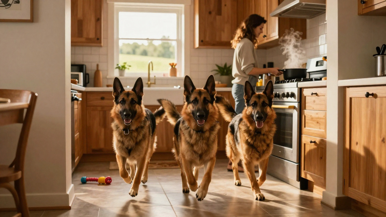 Drei Deutsche Schäferhunde laufen in einer hellen Küche, während eine Frau am Herd kocht.