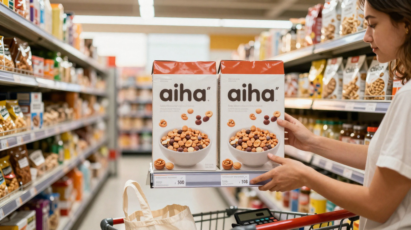 Frau im Supermarkt hält zwei Packungen aiha Schokoladen-Crunchy-Müsli vor einem vollen Einkaufswagen.