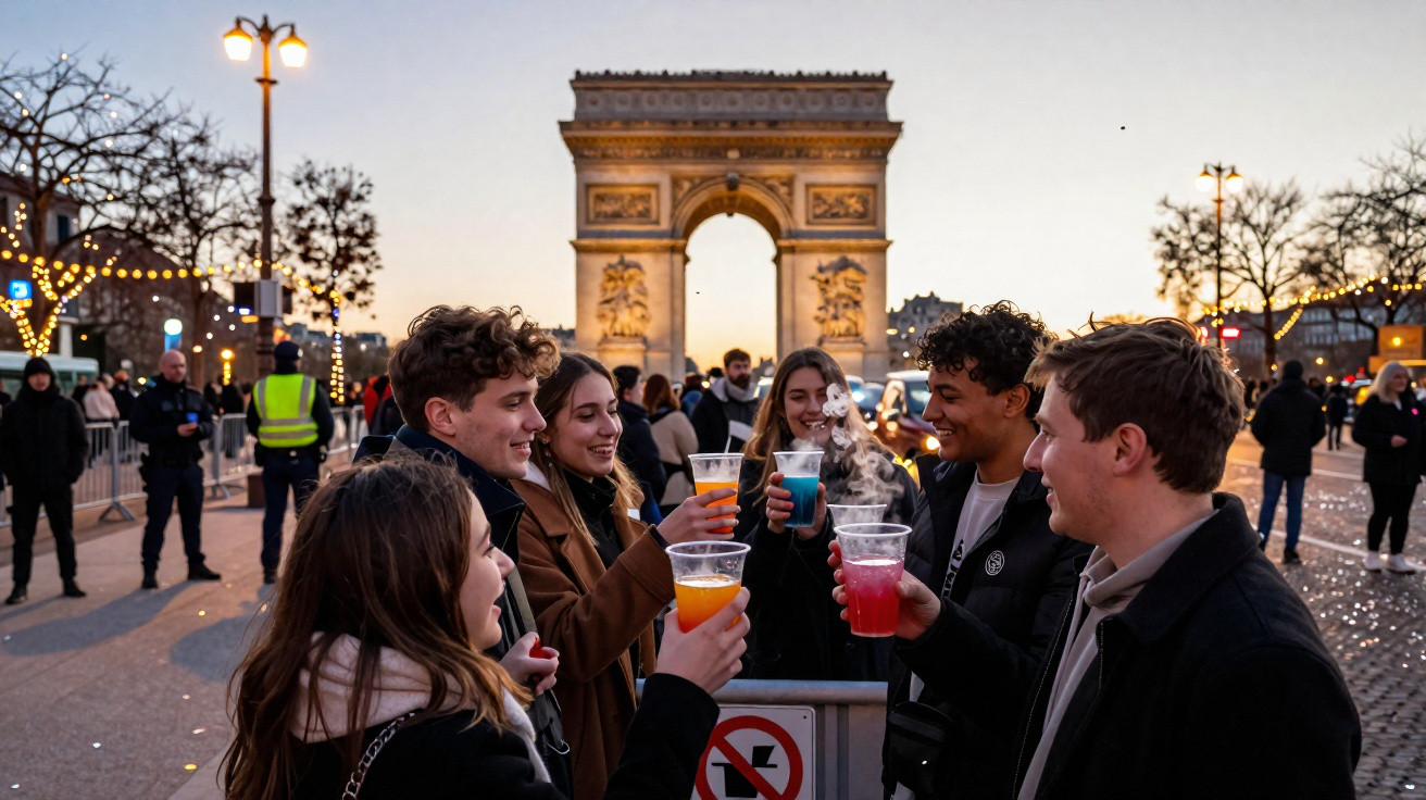 Gruppe junger Menschen trinkt bunte Getränke und feiert vor dem Arc de Triomphe in Paris bei Abenddämmerung.