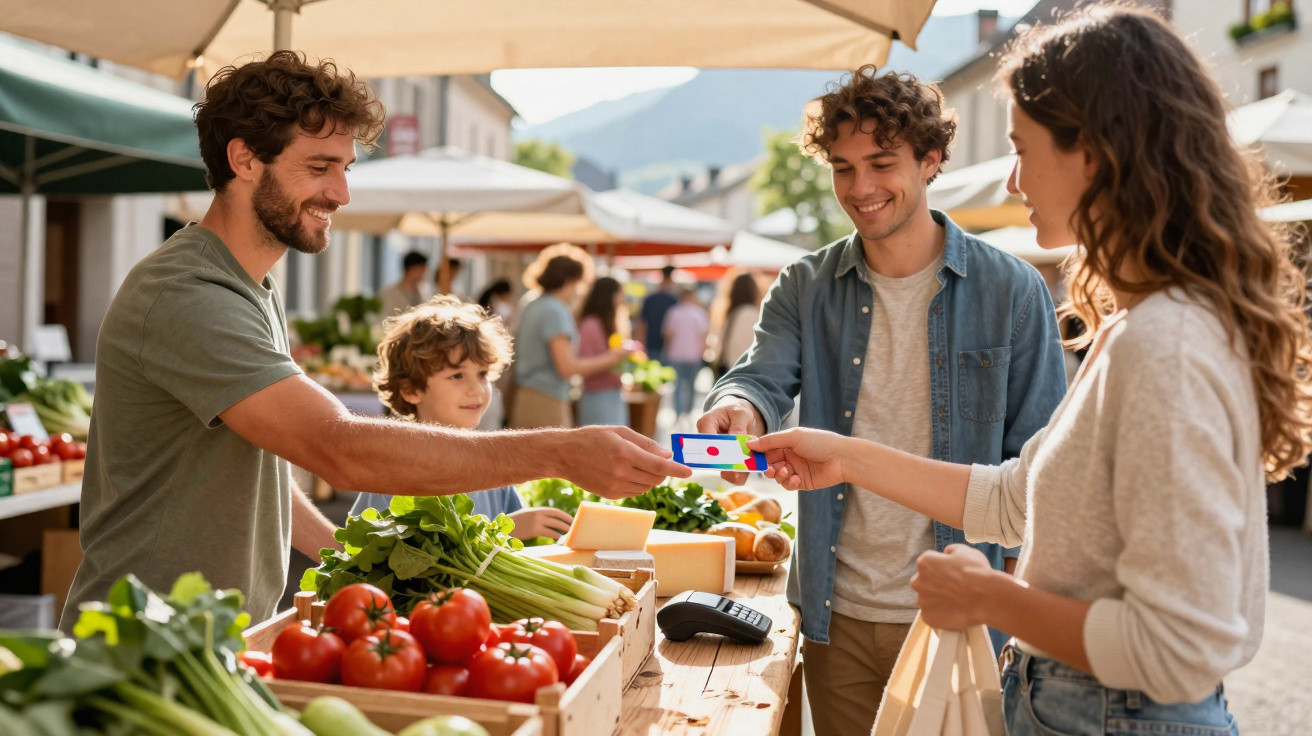 Junge Familie bezahlt mit Karte an einem Marktstand mit frischem Gemüse und Käse im Freien.
