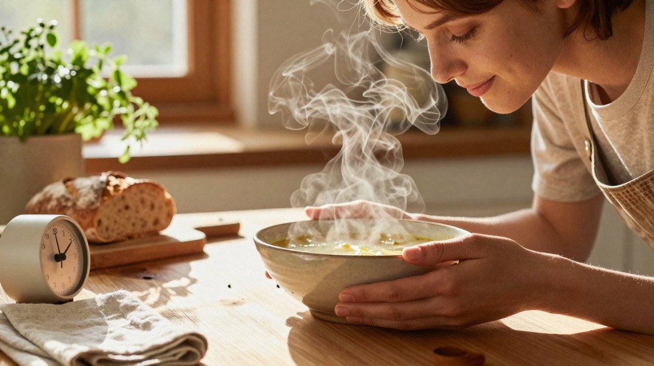 Frau riecht dampfende Suppe in Schale in sonniger Küche mit Brot, Küchenuhr und Pflanze auf Tisch.