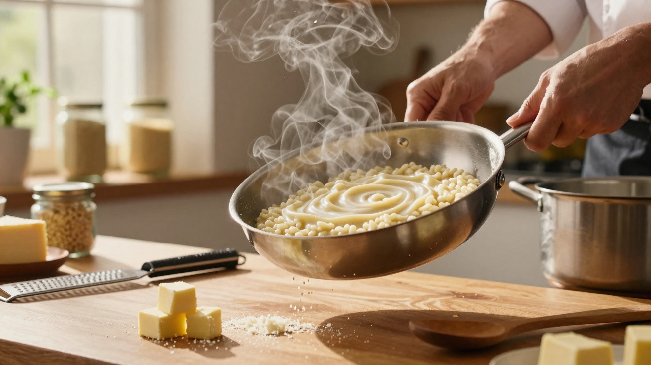 Dampfender Topf mit Pasta und cremiger Sauce, die von einer Person in moderner Küche zubereitet wird.
