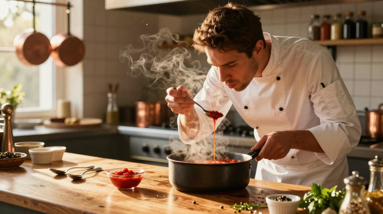 Junger Koch in weißer Jacke riecht dampfende Tomatensoße in einer modernen Küche.