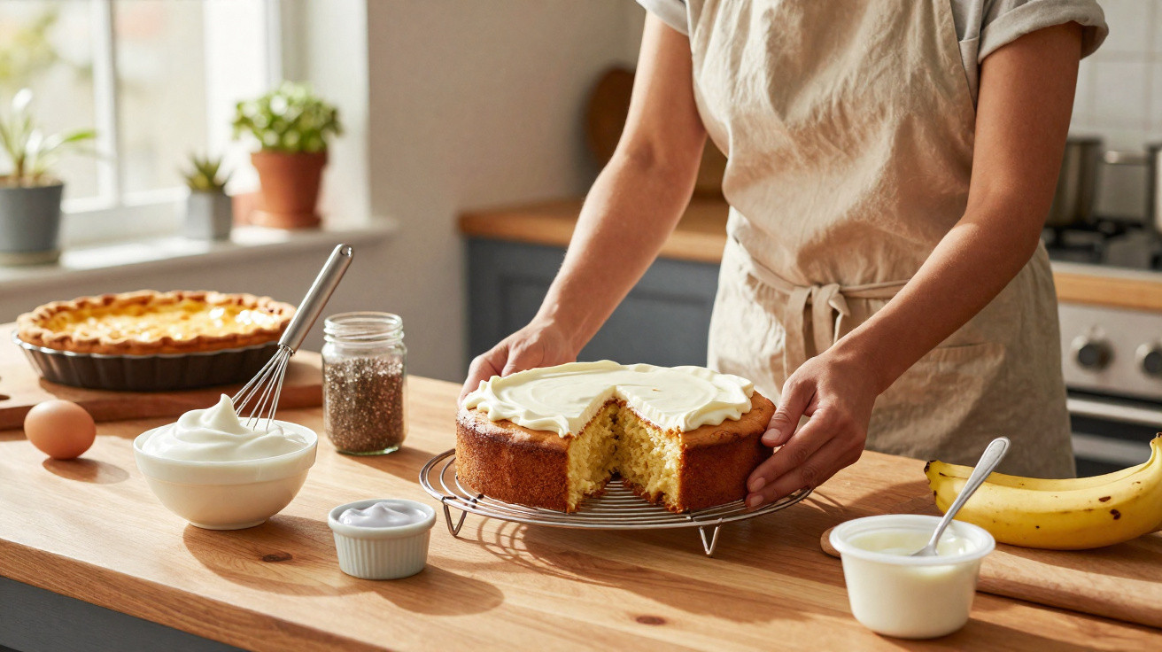 Person legt einen mit Zuckerguss überzogenen Kuchen auf ein Backgitter in einer sonnendurchfluteten Küche.