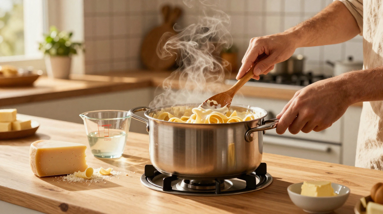 Dampfender Topf mit Pasta auf Gasherd, Hände rühren mit Holzlöffel, Käse und Butter auf Holzarbeitsplatte.