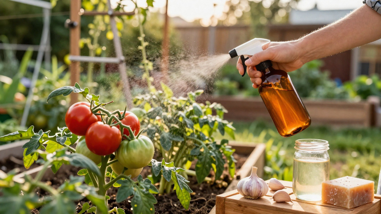 Hand mit Sprühflasche besprüht Tomatenpflanzen im Garten, neben Knoblauch, Glas und Seife.