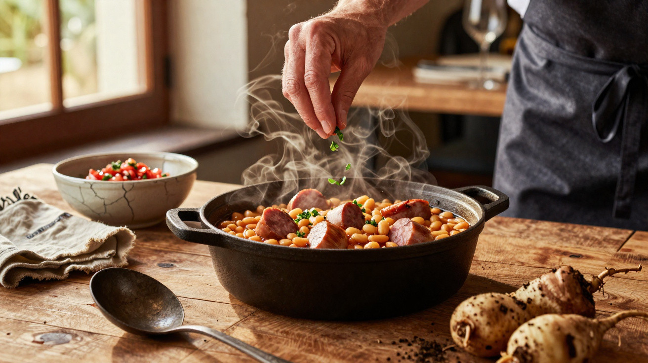 Hand bestreut frische Kräuter über dampfenden Eintopf mit Bohnen und Wurst in einem Gusseisentopf.