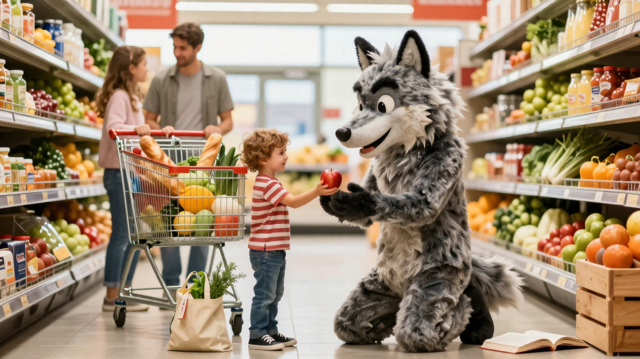 Kind gibt Apfel an Person im Wolfskostüm in einem Supermarkt mit Einkaufskorb und Eltern im Hintergrund.