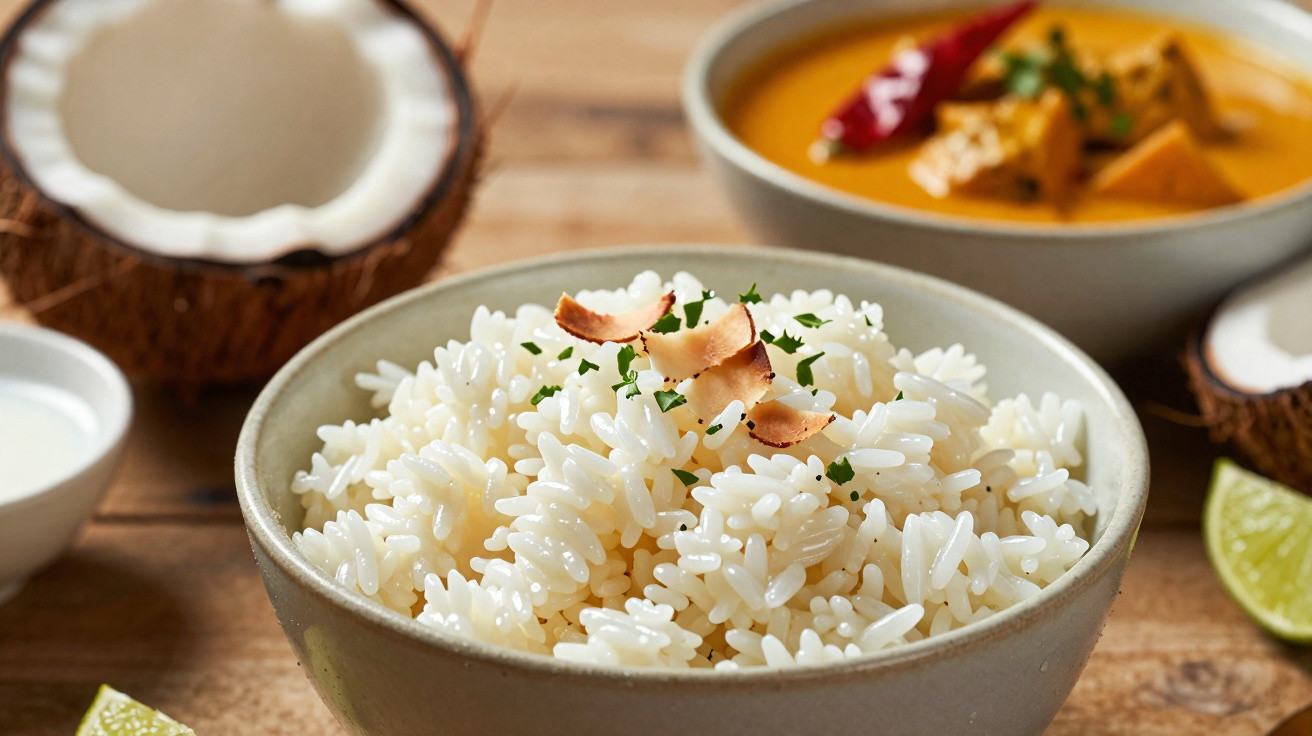 Schale mit gekochtem Reis garniert mit Koriander und Kokoschips, im Hintergrund Curry und Kokoshälften.