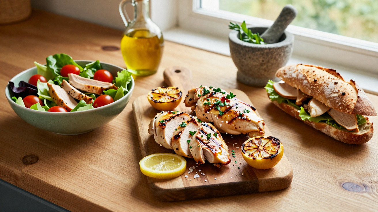 Gegrilltes Hähnchen, Salat mit Kirschtomaten, Sandwich mit Hähnchen und saftige Zitronen auf Holztisch.