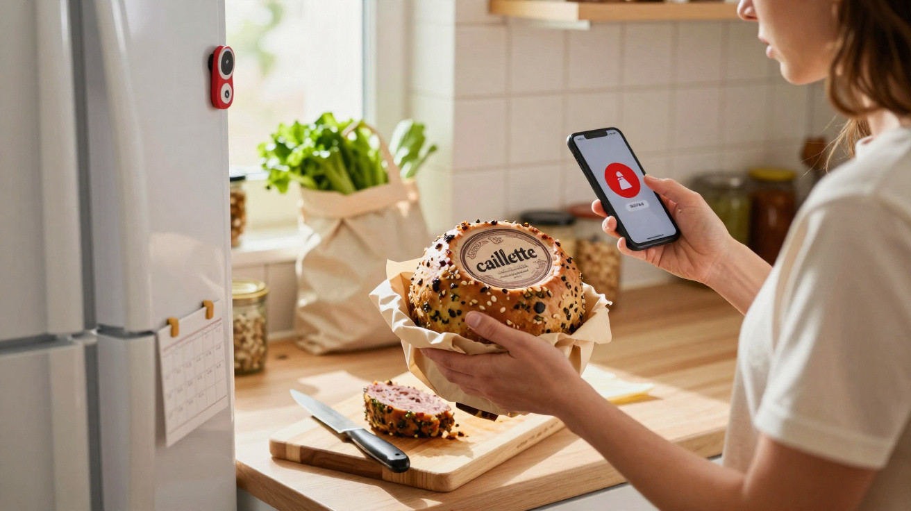 Frau hält Brot und Smartphone mit Alarmanzeige in der modernen Küche neben Schneidebrett und Messer.