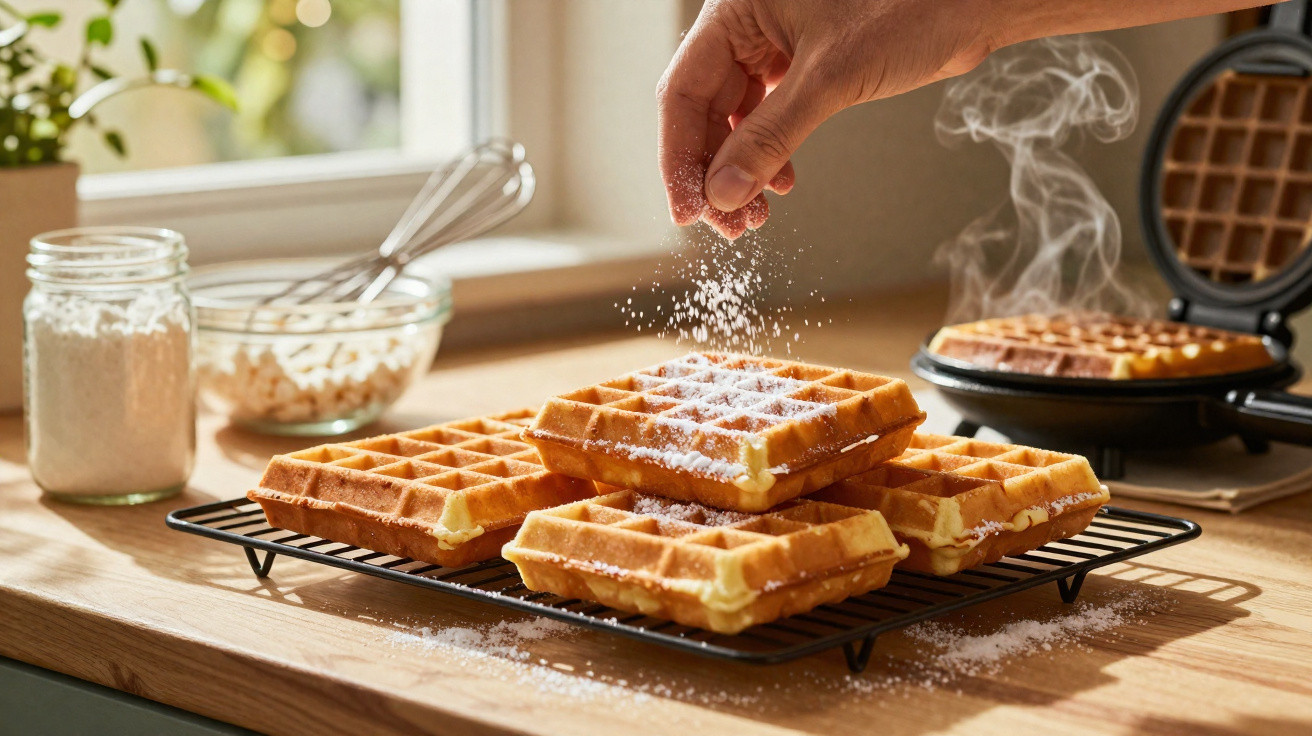 Hand bestreut frische, dampfende Waffeln mit Puderzucker auf einem Gitter in heller Küche.