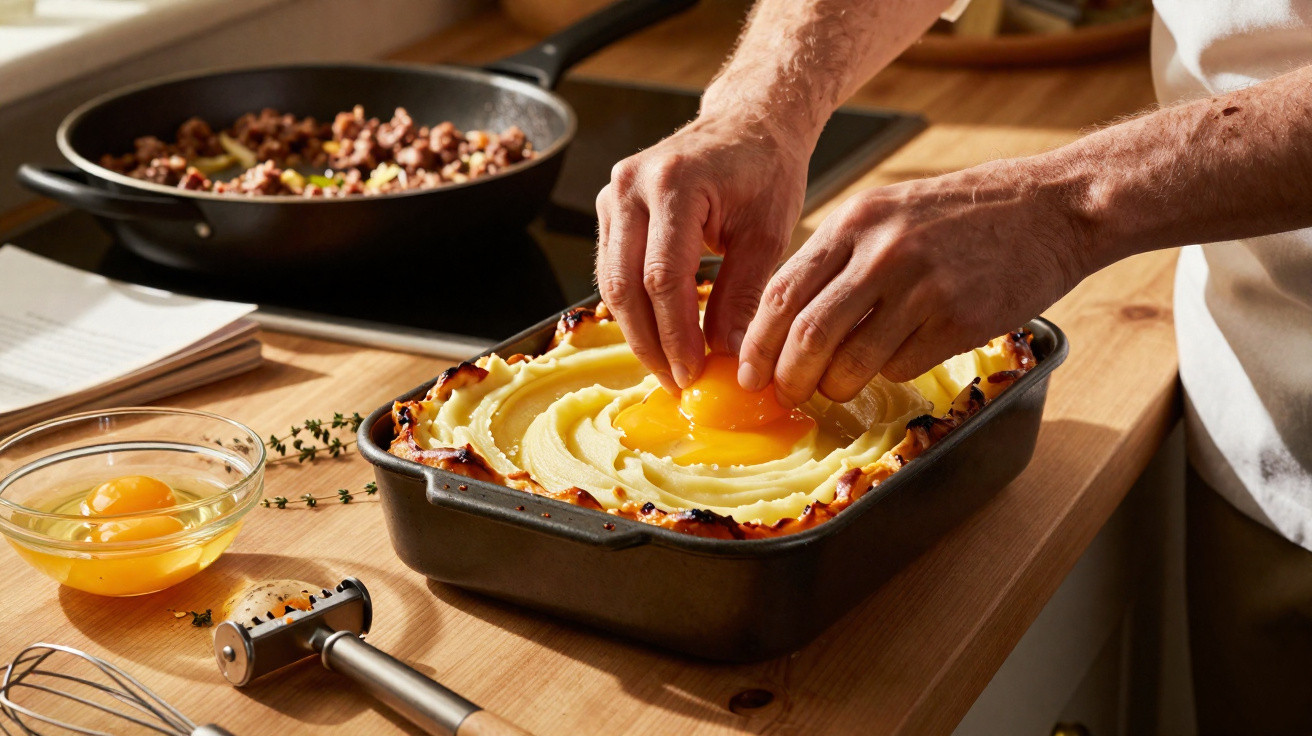 Hände geben zwei rohe Eier auf ein Kartoffelpüree in einer Backform, daneben Pfanne mit Hackfleisch.