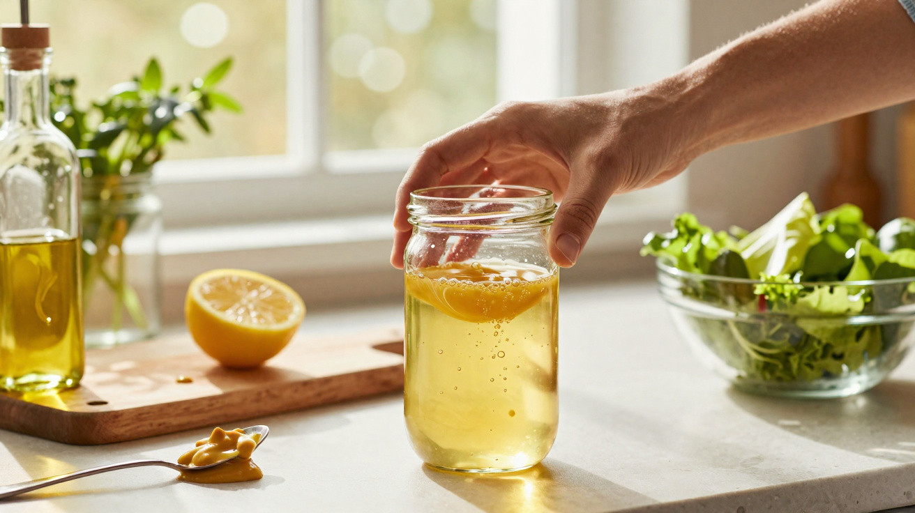 Hand hält Glas mit Zitronenscheibe und Wasser, im Hintergrund Salat, Ölflasche und Schnittbrett mit Zitrone.