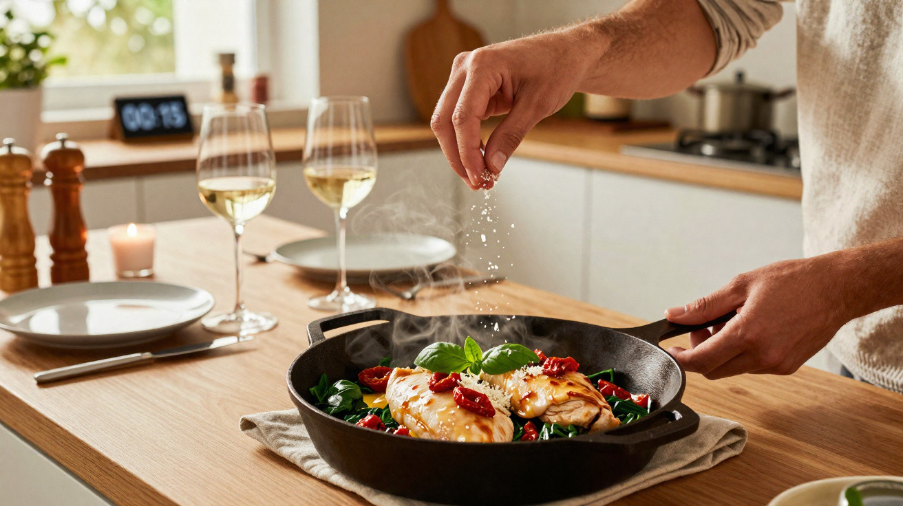 Person würzt gebratenes Hähnchen in Pfanne mit Kräutern und getrockneten Tomaten in moderner Küche.