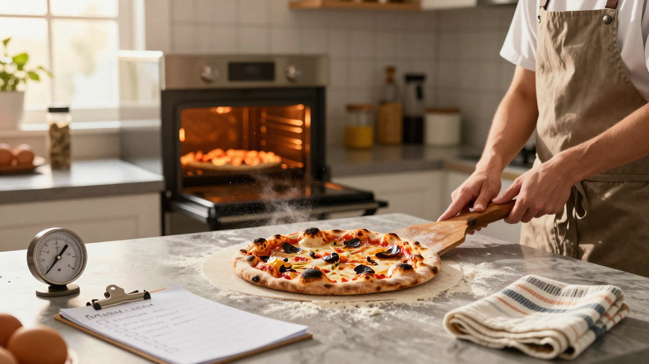 Person in Schürze holt eine frisch gebackene Pizza mit Pizzaschieber aus dem Backofen in moderner Küche.