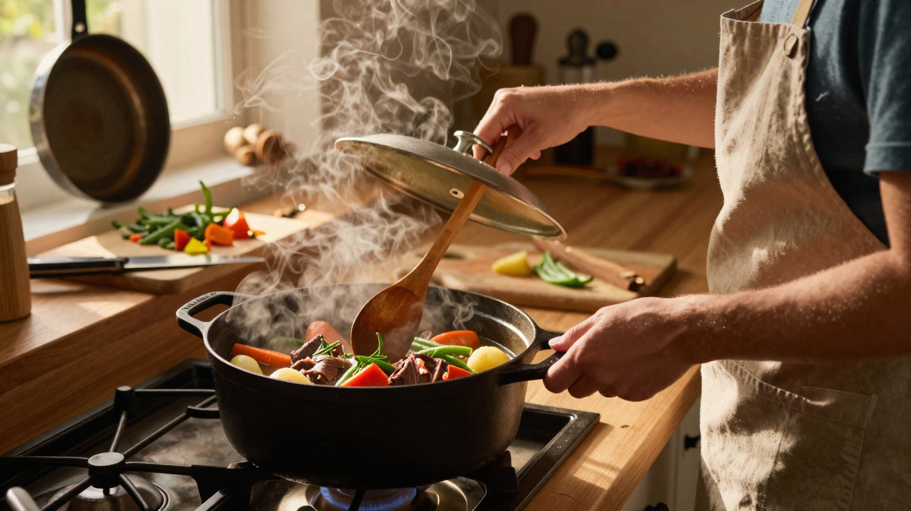 Person hebt Deckel von dampfendem Eintopf mit Gemüse und Fleisch auf Herd in heller Küche.