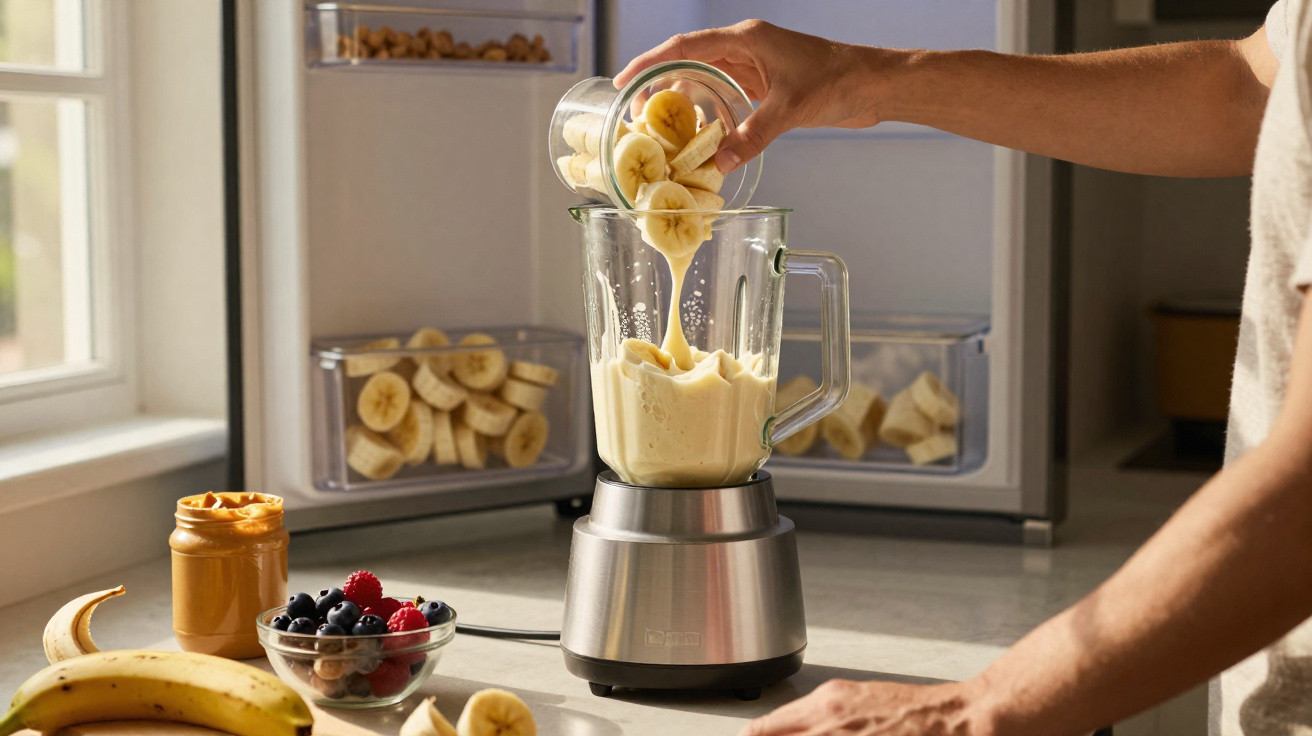 Person gibt Bananenscheiben in einen Standmixer für die Zubereitung eines Smoothies in der Küche.