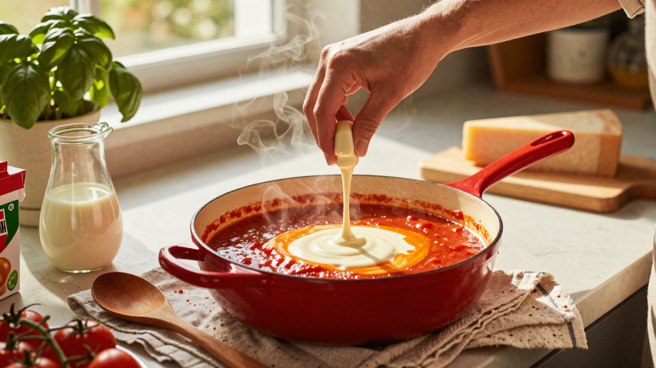 Hand gibt Sahne in dampfende Tomatensauce in roter Gusspfanne auf Küchenarbeitsplatte.