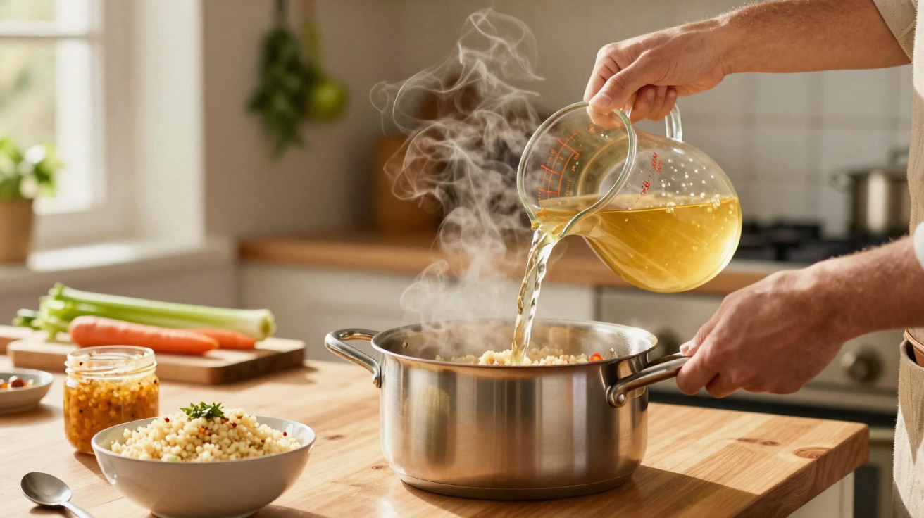 Hand gießt heiße Brühe aus Messbecher in Dampftopf mit Couscous in moderner Küche.