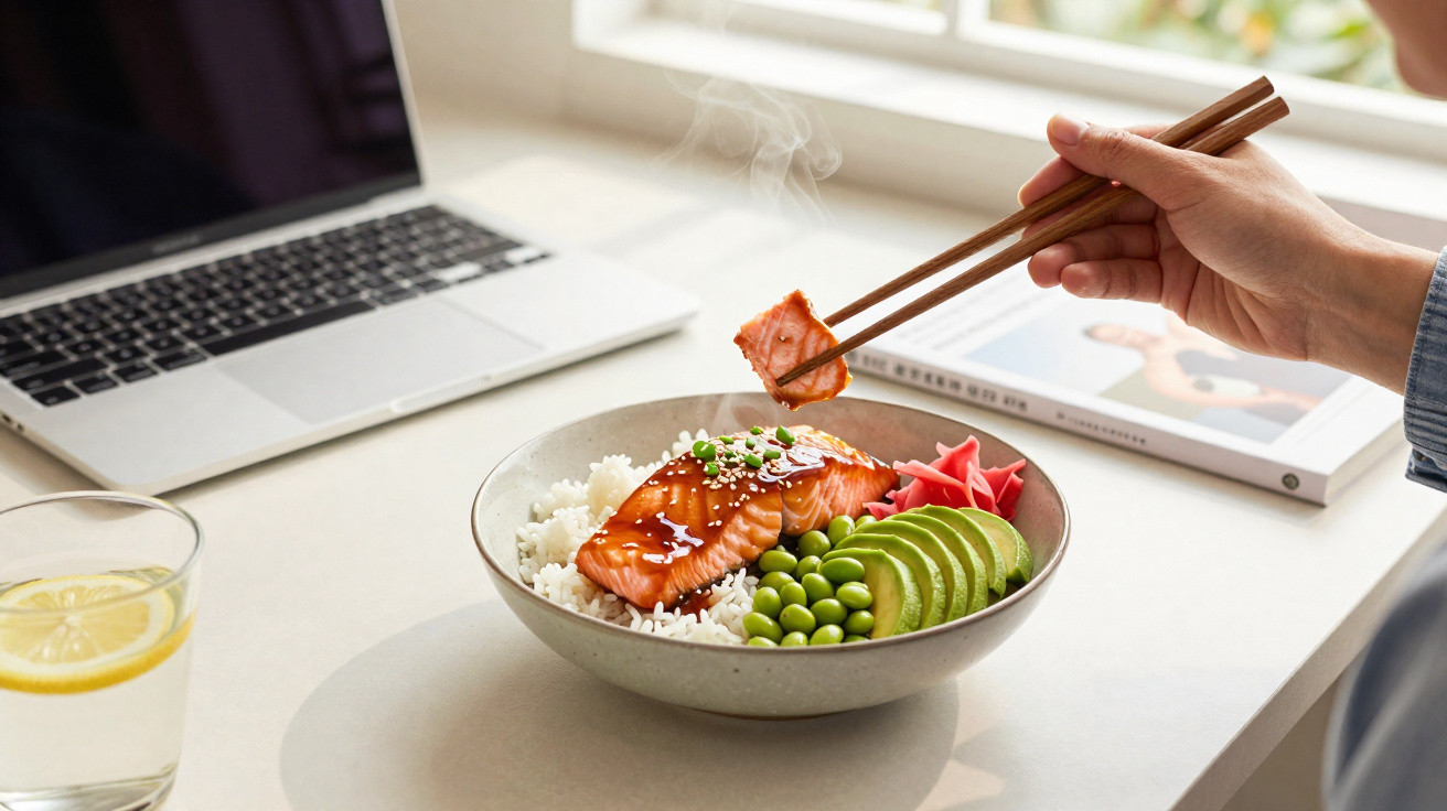 Dampfender Lachs auf Reis mit Avocado, Edamame und Ingwer neben Laptop und Glas Wasser mit Zitrone.