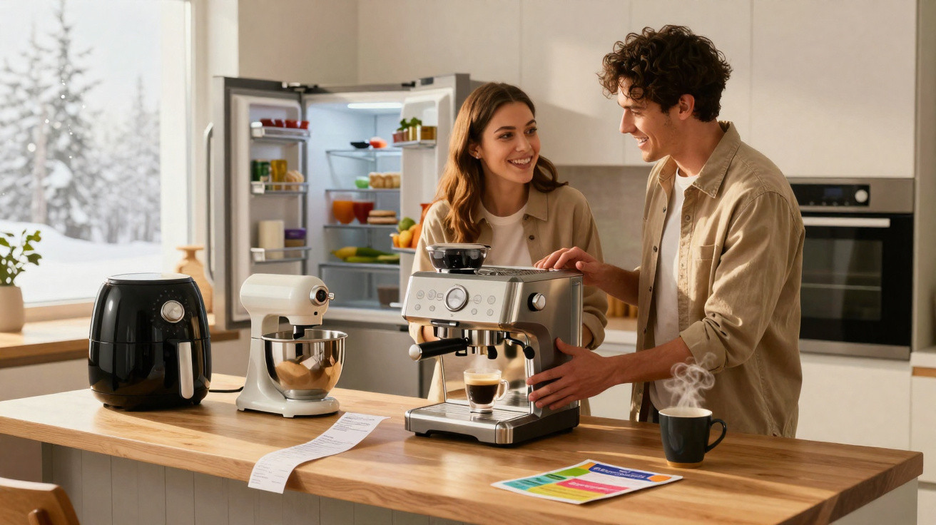Junges Paar bereitet Kaffee mit Espressomaschine in moderner Küche mit Küchenmaschinen vor.