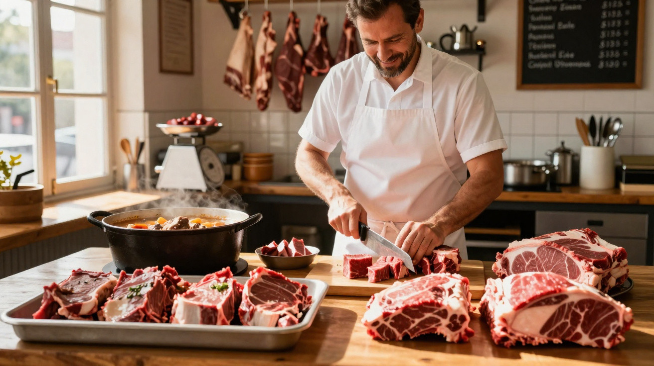 Mann schneidet frisches rohes Fleisch in einer Metzgerei mit Fleischstücken auf dem Tisch und aufgehangenem Fleisch im Hinter